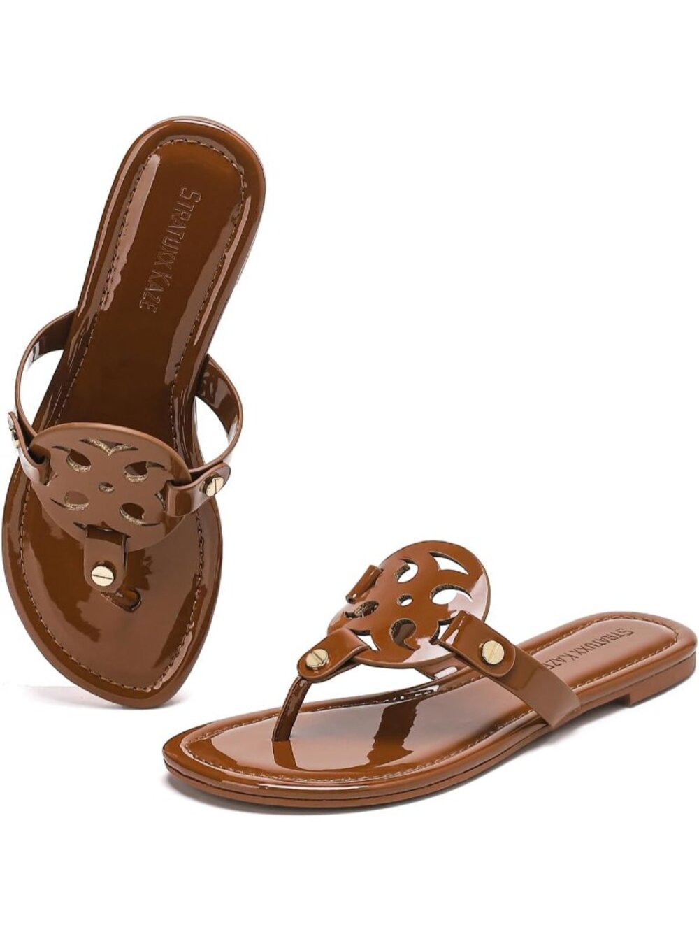 Women's Brown Faux Leather Memory Foam Beach Slides Comfy Flipflop Flat Sandals